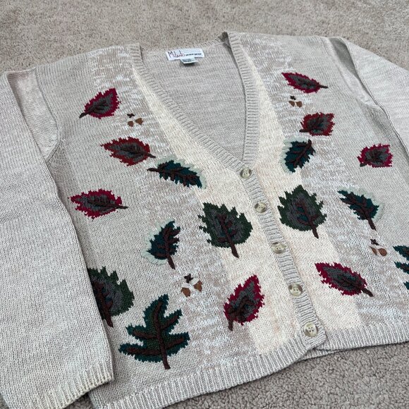 Milano Design Group Sweater Womens M Brown Fall Leaf Cardigan Vintage Autumn - Picture 3 of 8